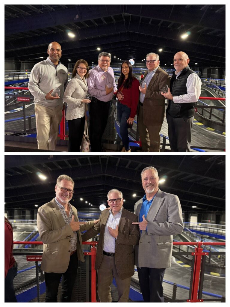 photos of : (top) Winners of the 2025 Networking Ninja awards (l-r) James Gibson, Debra Parent, Russ Montal, Emma O’Neill, Steve Dubin and Ed Grant. Below: My Pinnacle Network partners Jonathan LaMaster, Steve Dubin and Joe D’Eramo